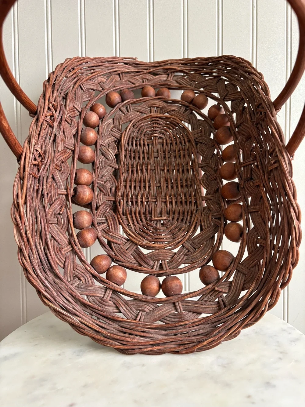 Vintage Wicker Beaded Gathering Basket Brown Stick and Ball Primitive Boho VTG